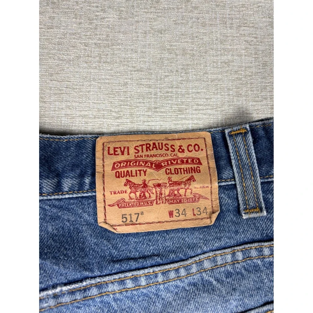 Vintage Levis 517 Bootcut Mens 34x34 Blue Distressed Denim Jeans